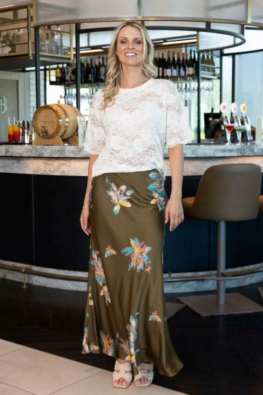 green satin maxi skirt with colorful floral prints