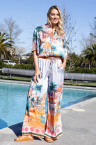 colorful tropical beach-themed wide-leg drawstring pants