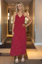 polkadot red maxi slip chiffon dress
