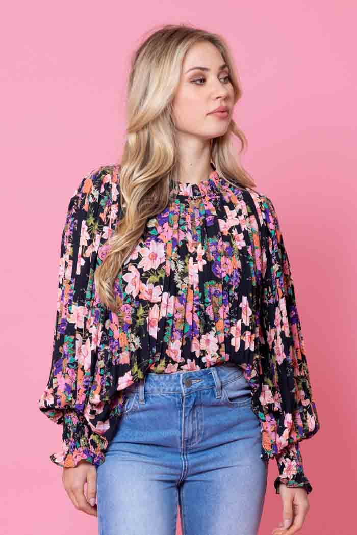 Laura Pleated Top Fluro Floral Black – Augustine