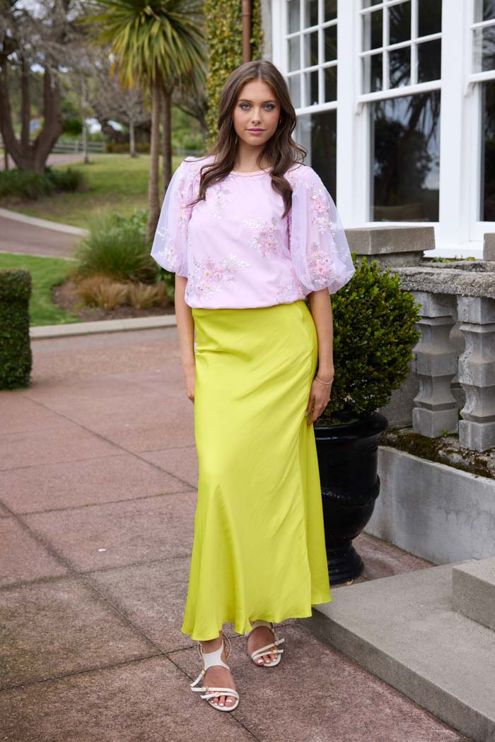 Yellow satin maxi skirt