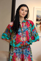 boho print teal puff sleeves shirt