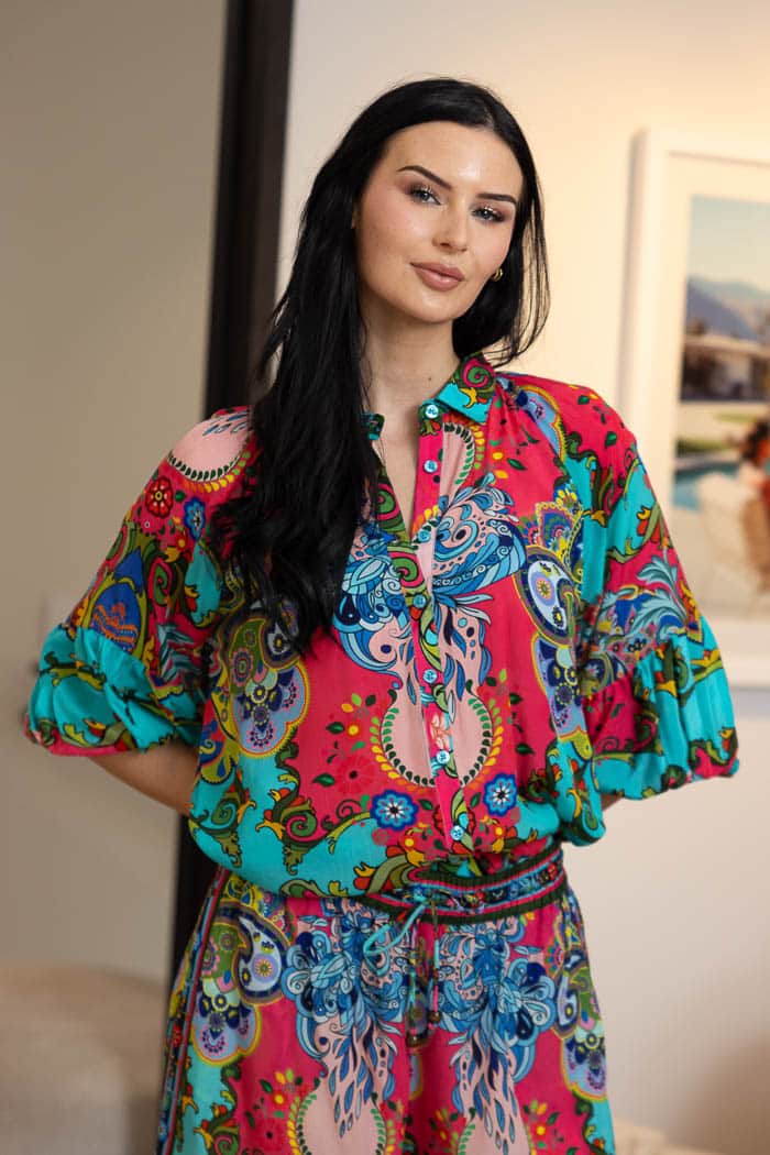 boho print teal puff sleeves shirt