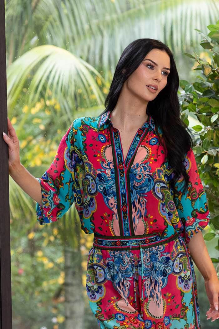 red and teal boho print shirt