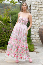 Pink 3D Floral embroidered maxi dress