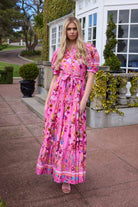 Pink floral maxi dress with puff sleeve
