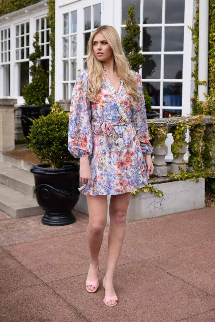 Blue floral mini dress with pearl neckline