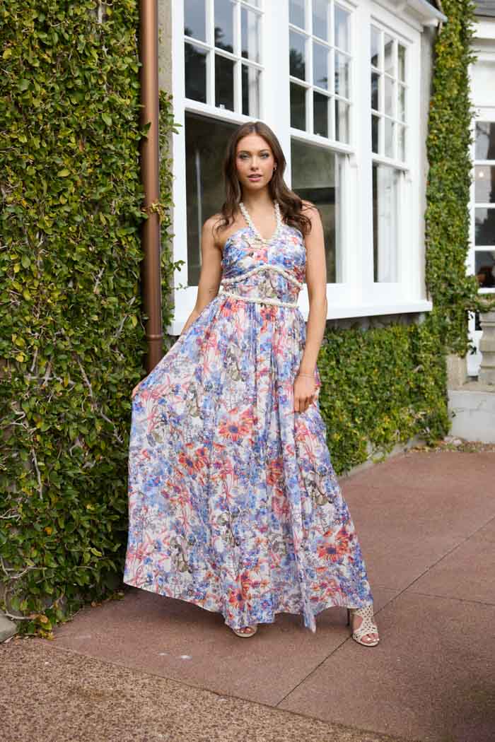 Blue floral maxi dress with pearl halter neck