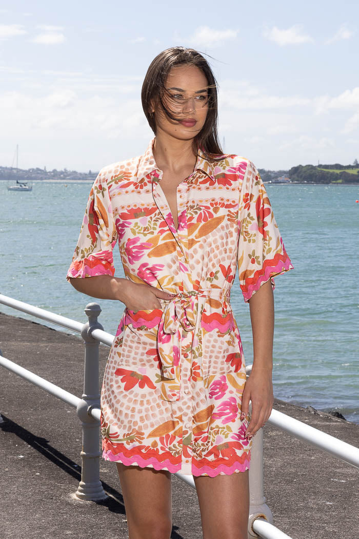 Pink and beige mini shirt dress