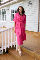 hot pink midi dress with red ric rac