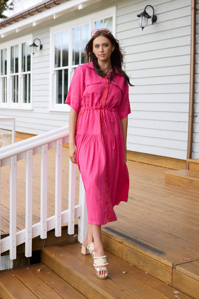 hot pink midi dress with red ric rac
