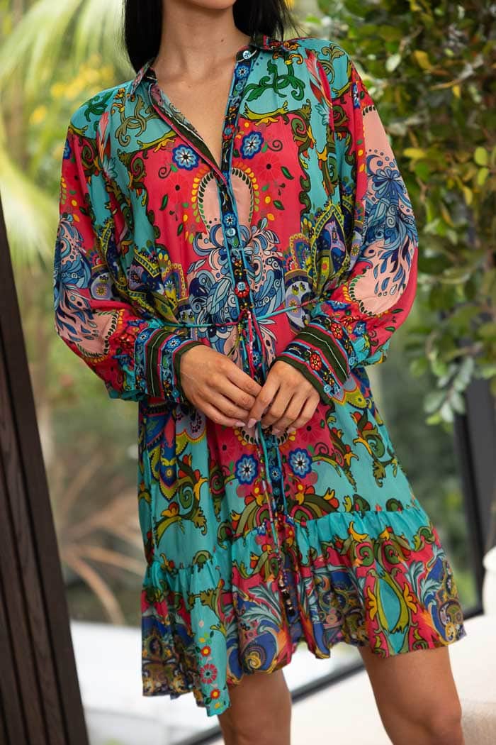 boho teal paisley mini shirt dress