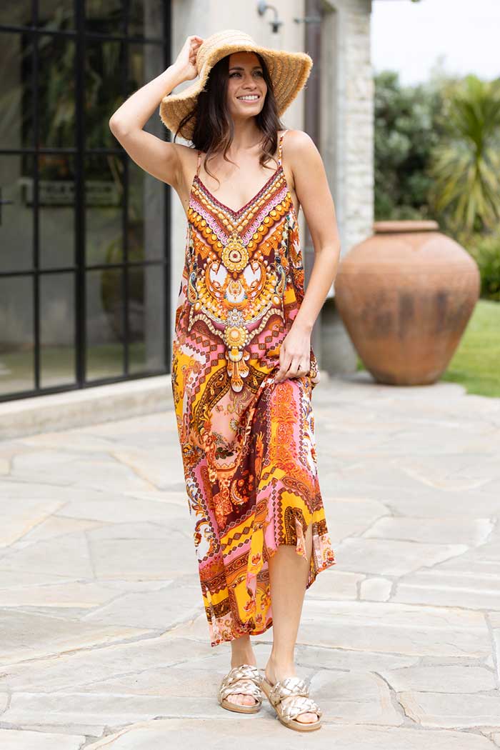 rust patchwork patterned maxi dress