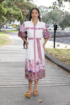 White and purple floral midi dress