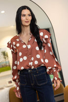 brown polkadot satin blouse