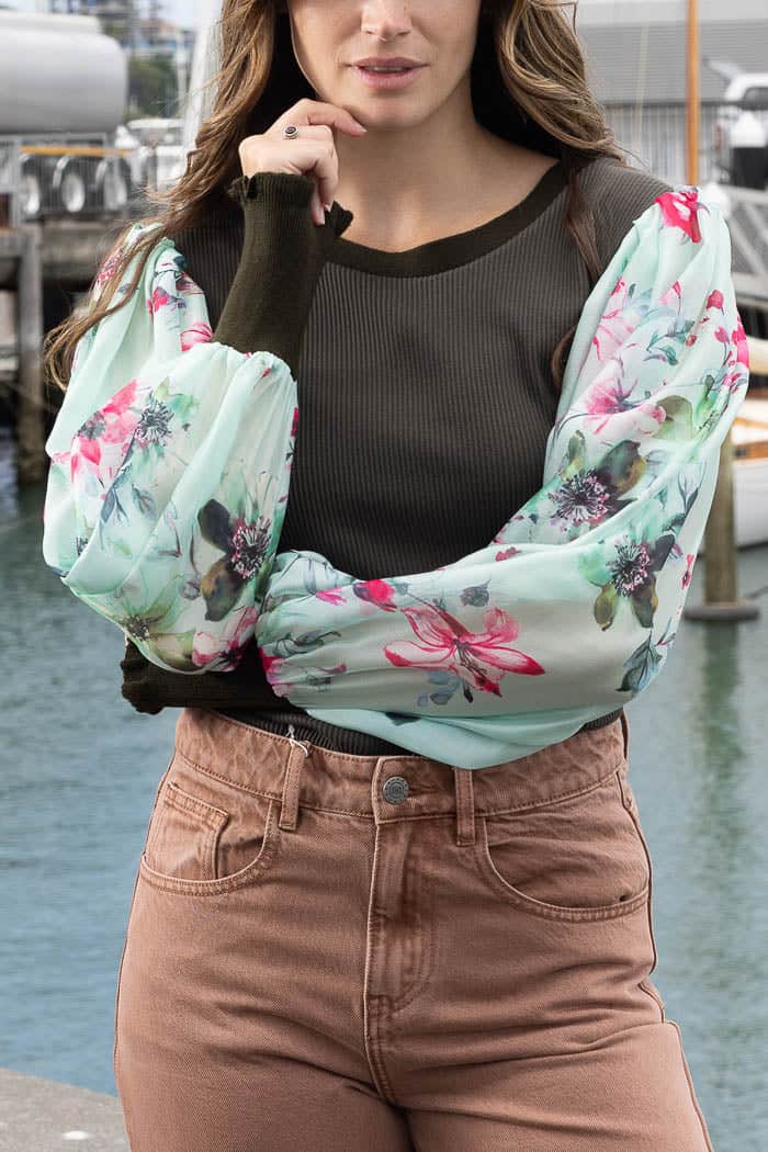 ribbed khaki bodice with floral chiffon long sleeves