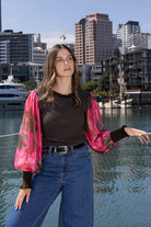 ribbed khaki long sleeve top with pink floral sleeves