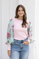 ribbed pink bodice with floral chiffon long sleeves