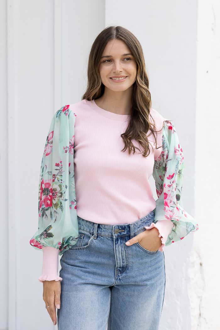 ribbed pink bodice with floral chiffon long sleeves