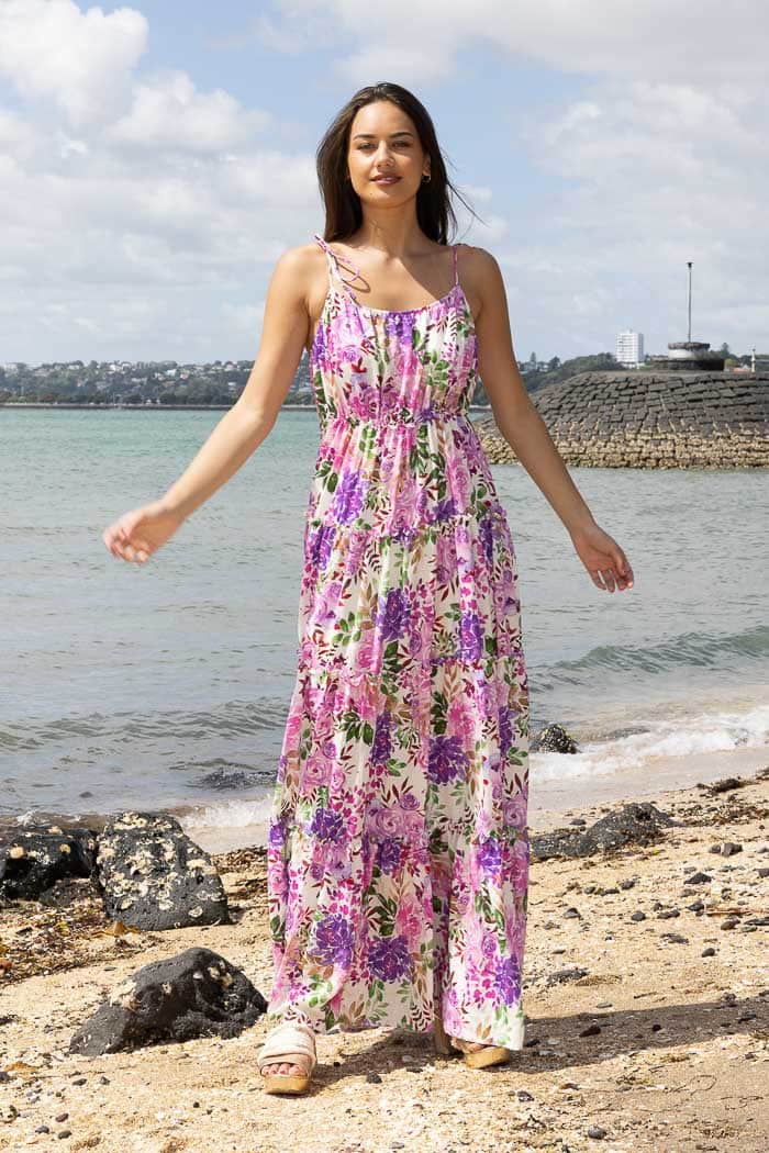 purple and green floral maxi dress