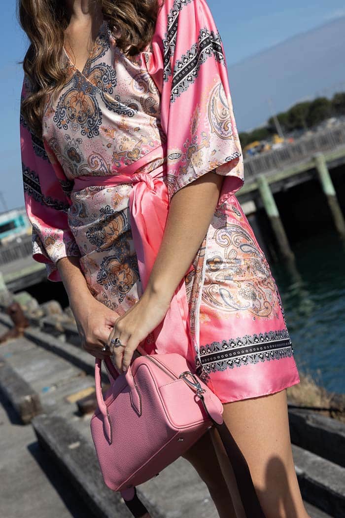 silky pink paisley print wrap dress