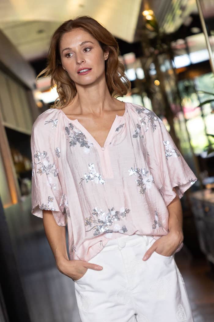 blush pink blouse with silver floral sequins