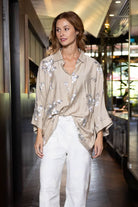 taupe floral silver sequin blouse