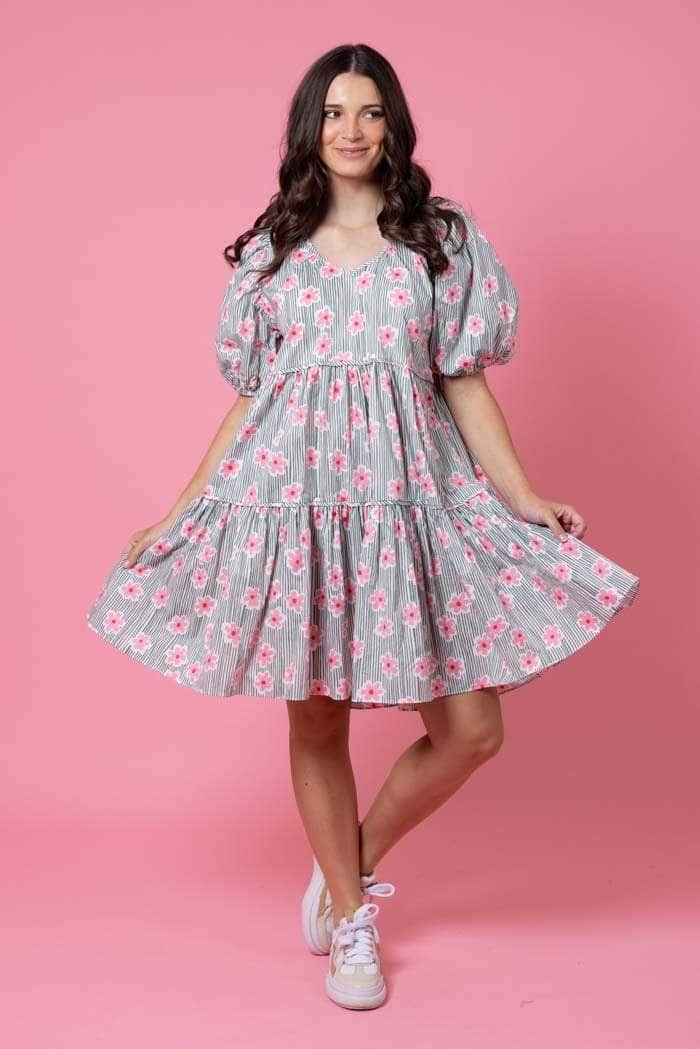 striped floral midi dress