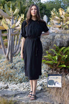 black ruched midi dress