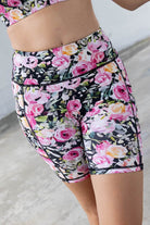 black floral ribbed bike shorts with side pockets