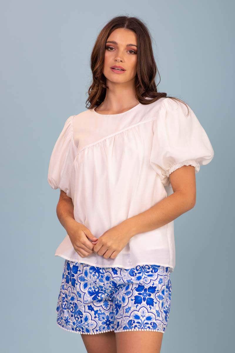 white gathered top blouse