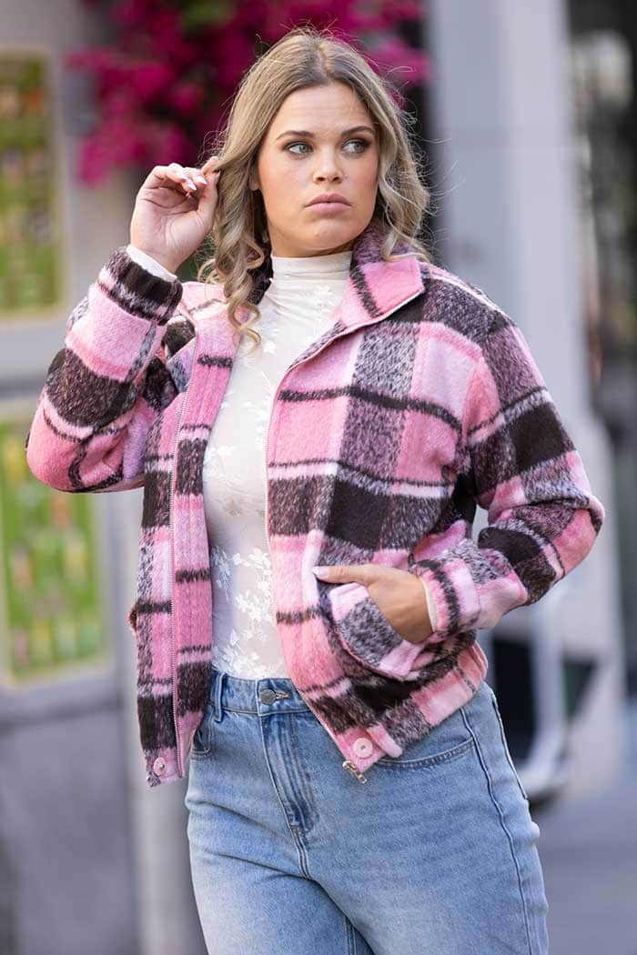 pink tartan bomber jacket plus size