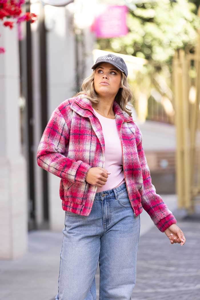 pink tartan bomber jacket plus size