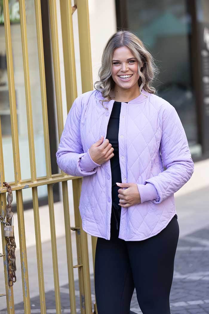 lilac quilted bomber jacket