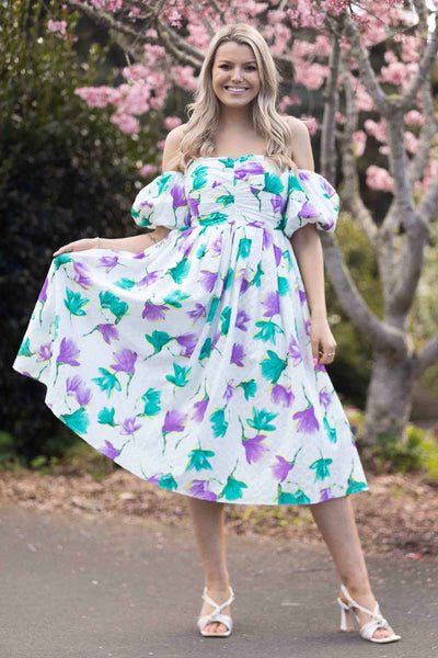 fitted lace wedding dress Violette Tie Halter Floral Dress in Purple Comet and Dark Green