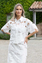 crisp white floral cutout shirt