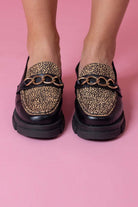 black leopard loafers