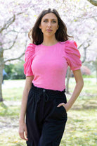 pink top puffy sleeves
