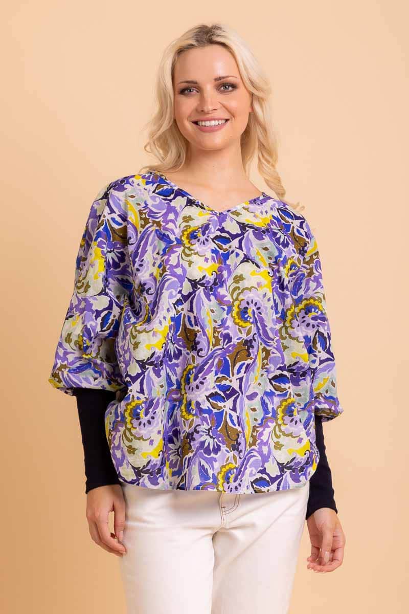 blue paisley V neck top