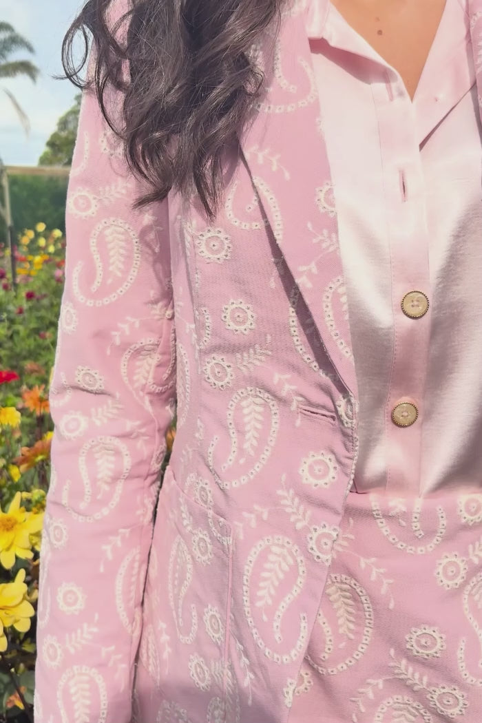 pink embroidered blazer with front pockets