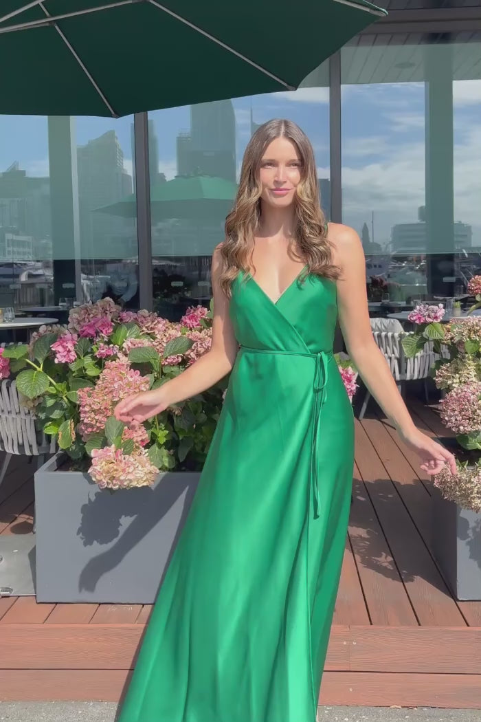 green satin maxi wrap dress