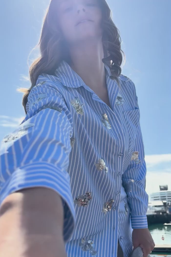 blue striped shirt with silver floral sequins