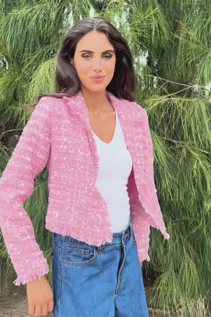 pink tweed sequin blazer