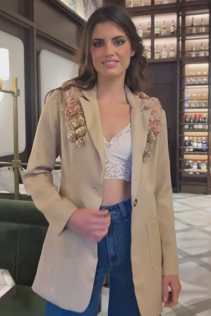 tan blazer with floral applique