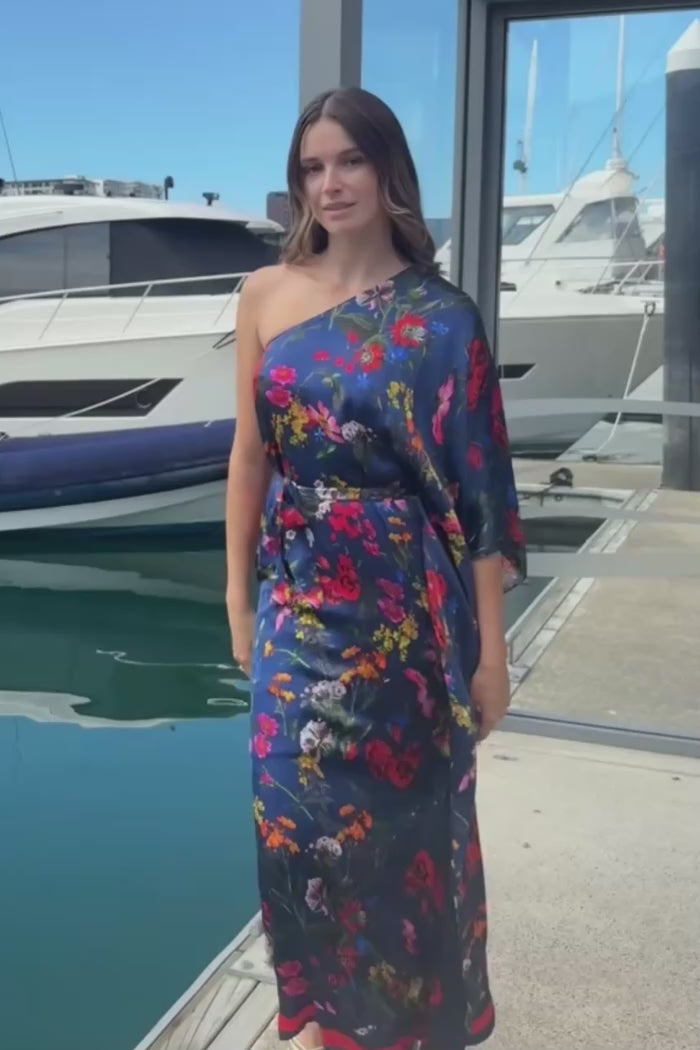 navy base floral maxi dress with one shoulder detail
