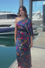 navy base floral maxi dress with one shoulder detail