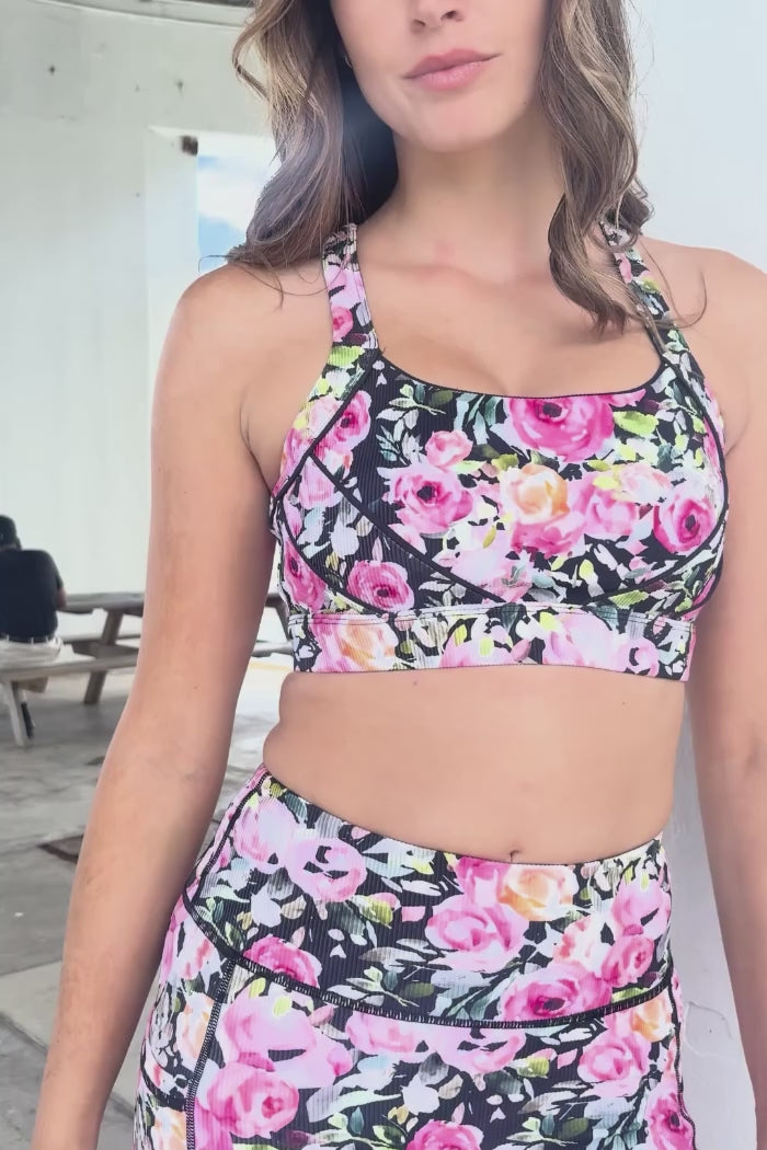 black floral sports bra crop