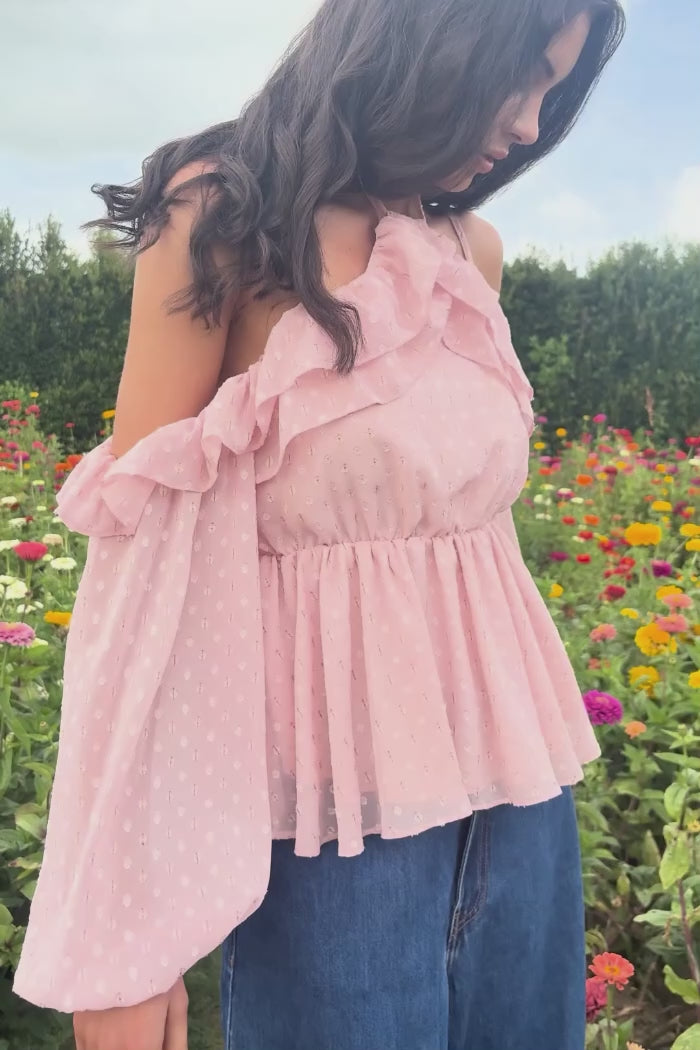 peach chiffon halter neck off shoulder long sleeve top