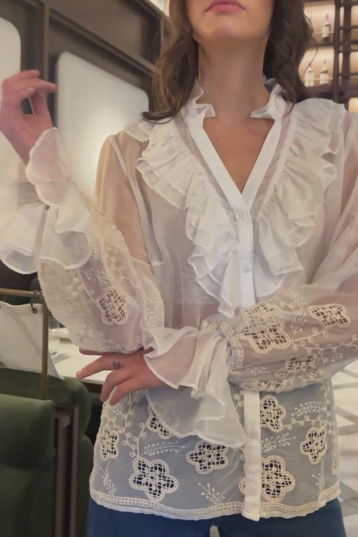 white ruffle top