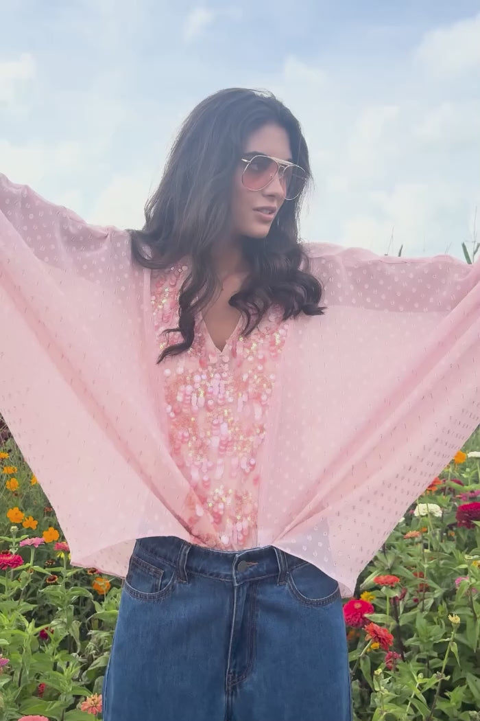 sheer soft peach embossed fabric floaty top with sequins